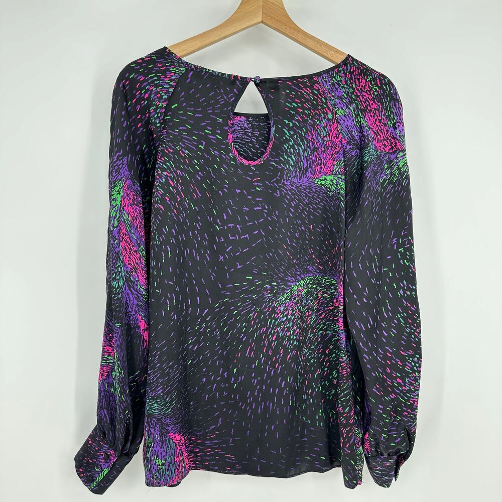 Scilla Womens 100% silk Long Sleeve Top Sz M Blouse Black Artsy Firework Fairy - Picture 3 of 11
